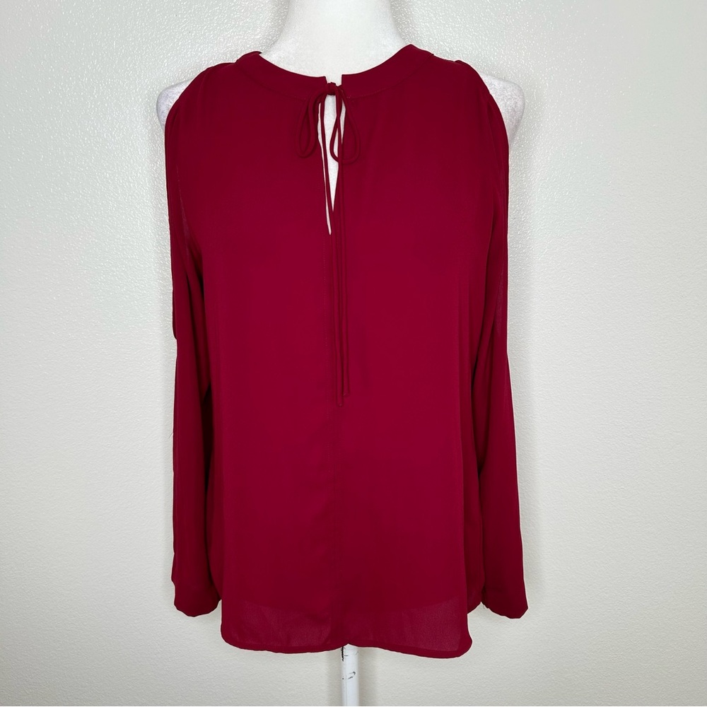 LOFT Women Burgundy Long Sleeve Cold Shoulder Blouse Tie-Neck Size S